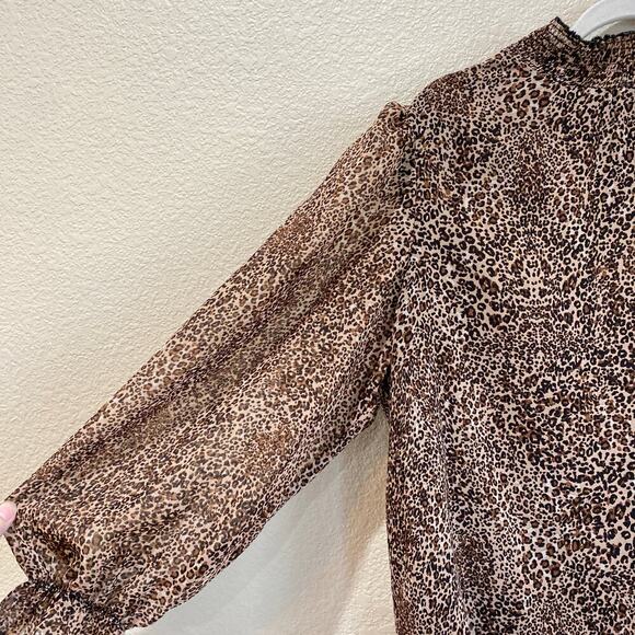 1.STATE Smocked-Neck Leopard-Print Blouse Size XL Puff Sheer Sleeve Chic - Picture 6 of 8
